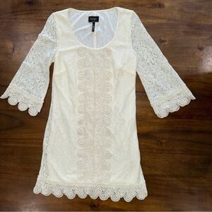 Laundry by Shelli Segal Ivory Crochet Lace Shift Dress Long Bell Sleeve Boho 4